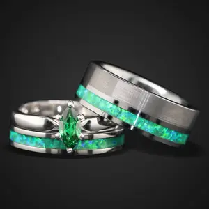 His and Her Green Opal Wedding Ring Set Green Opal Rings