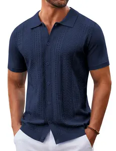 COOFANDY Mens Knit Button Down Shirt Short Sleeve Summer Casual Shirts Vintage Beach Vacation Shirts