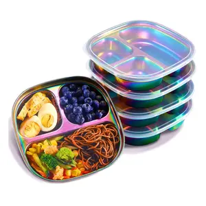 Stainless Steel Kids Plates 4-Pack, Toddler Plates with Lids, Non-Toxic & Divided, Classic Style, Solid Pattern, 1-Layer Lunch Box
