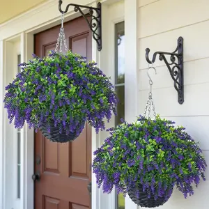 Artificial Eucalyptus & Lavender Hanging Basket (1 Pieces) - Fake Hanging Plants Set, Outdoor Faux Eucalyptus Leaves for Farmhouse Eaves Porch Decor, Artificial Flowers, Faux Floral Arrangements | All Season
