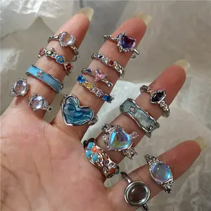 Kpop Vintage Gothic Cute Irregular Star Heart Flower Crystal Geometric Ring For Women Girl Y2K EMO 2000s Aesthetic Jewelry Gift