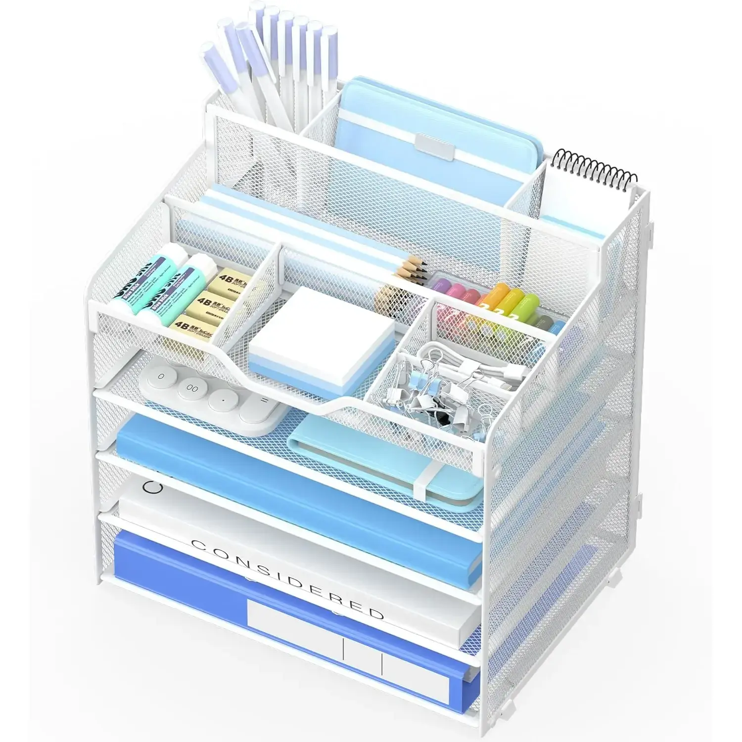 5-Tier White Mesh Desk Organizer, Multi-Functional Letter Paper Tray with 3 Built-In Pen Holders and 5 Adjustable Compartments for Office Supplies, Files, Mail (Space-Saving Office Desk Accessory)