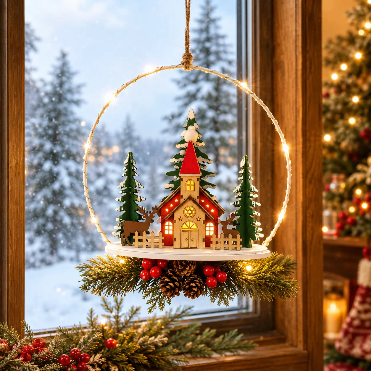 1-piece set Christmas wooden house LED wreath hanging ornament featuring a reindeer and pine tree; suitable for entryways, behind doors, windows, closets, walls, and other Halloween home decor.