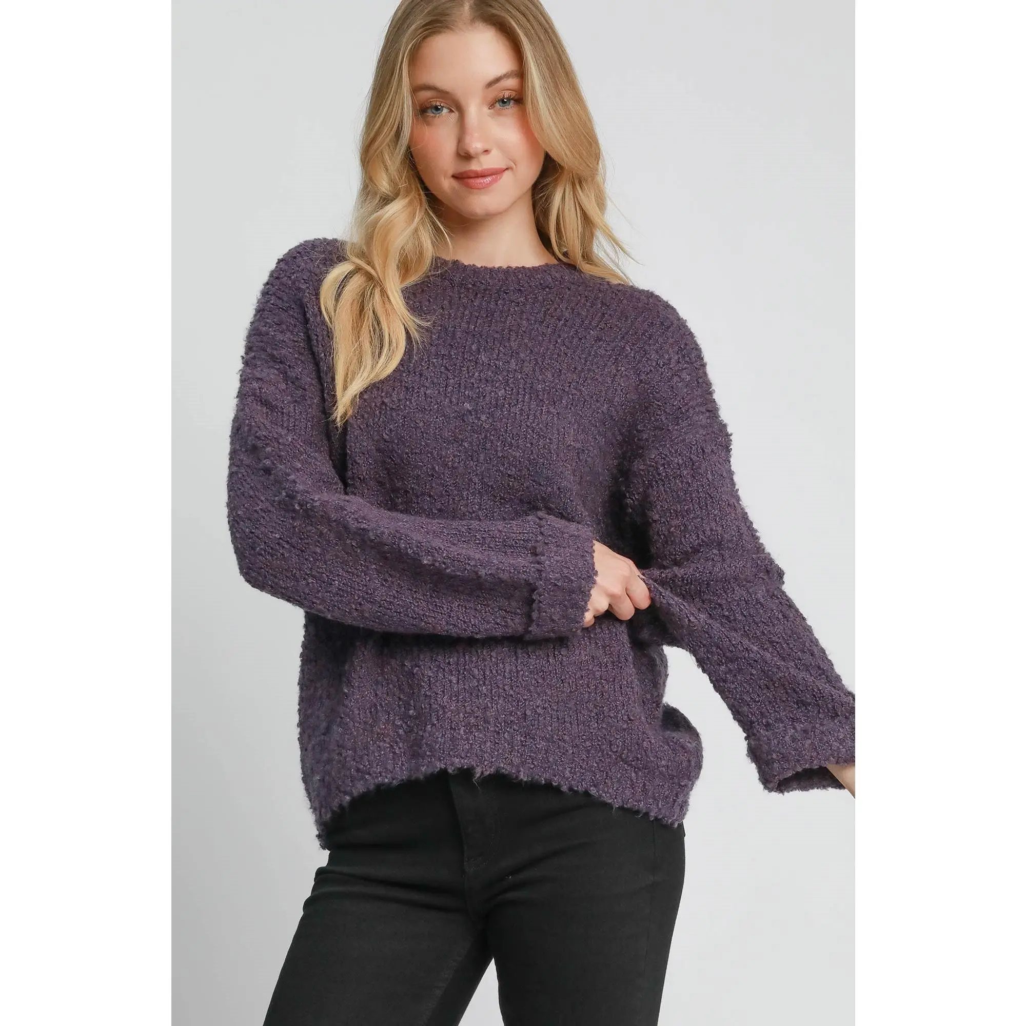 Umgee Full Size Round Neck Long Sleeve Boucle Sweater Plus Size Basic Knitwear