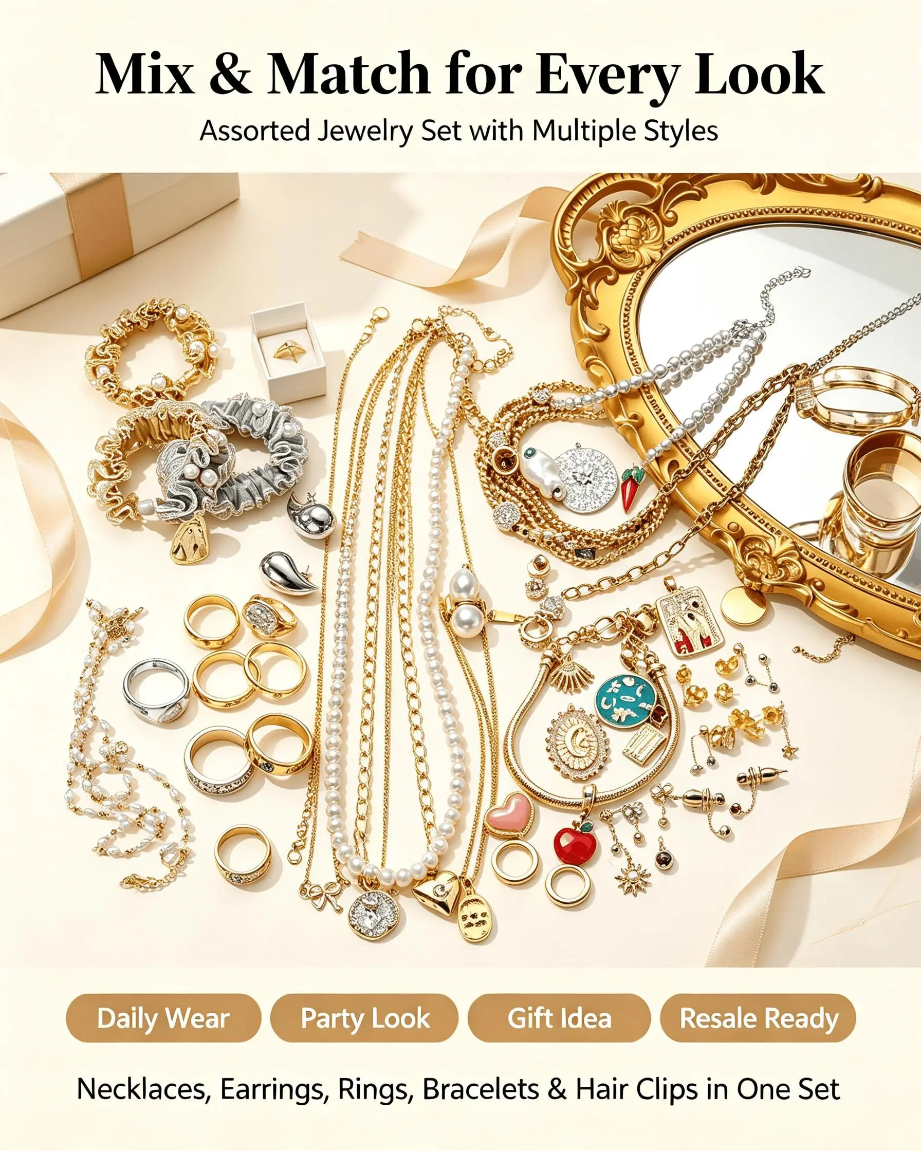 Surprise Jewelry Jar Random Mix, Gold/Silver/Gothic/Ocean Style Bulk Jewelry Set, 10-60Pcs Assorted Necklaces Rings Earrings Bracelets, Mystery Jewelry Pack Perfect For Daily Wear Gift Resale, Cute Fashion Women Costume Jewelry Organiser Boxes