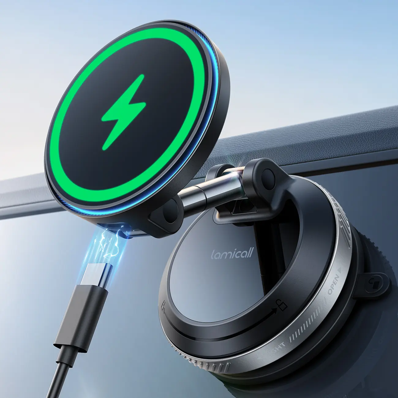 Lamicall 15W MagSafe USB-C Car Charger - Dual Ports, Suction Cup Dashboard Wireless Charging, Cordless Tech Gadget, Vacuum Magnetic Holder, Fast Charging Car Interior Accessory for iPhone 17 Pro Max 16 15 14 (Black), Usb C Car Charger Fast Charging