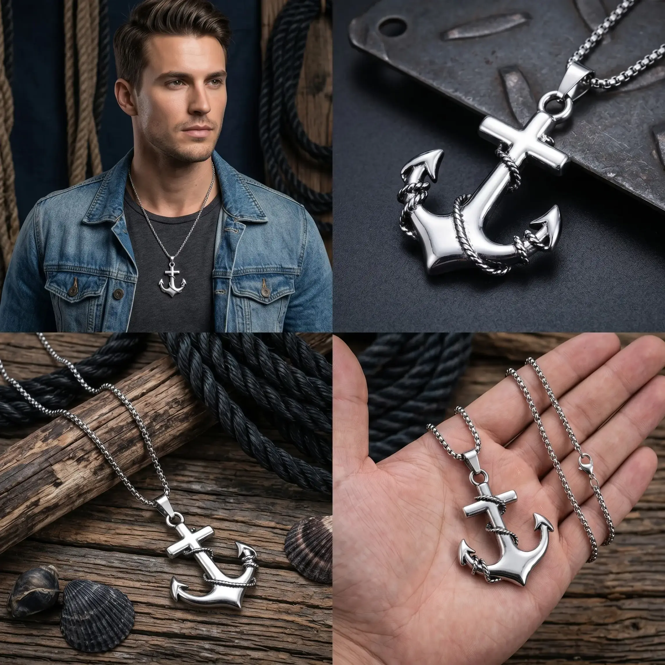 Men's Anchor Pendant Chain Necklace, Vintage Stainless Steel Long Sweater Chain, Trendy Fashion Cool Accessories, Chain Necklaces
