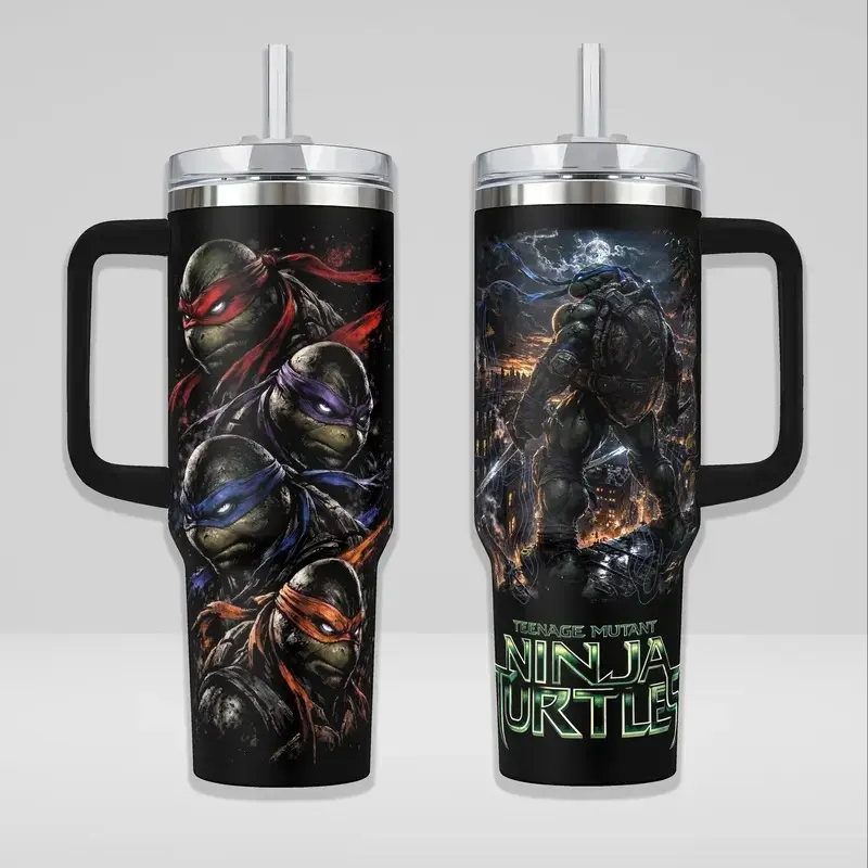 Turtles Squad 40oz Insulated Tumbler with Handle,TMNT 20oz Tumbler No Handle 90s Mutant Brothers Travel Mug, Martial Arts Turtle Double Printed Vacuum Flask, Gift for Movie Fans, Heavy Duty Stainless Steel Cup with Straw