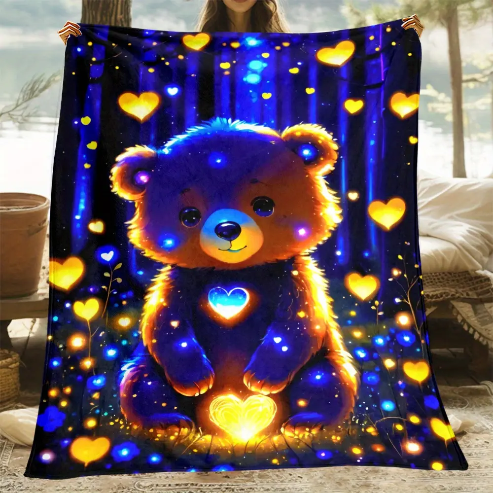 Glow-In-The-Dark Bear Print Flannel Blanket - Ultra Soft, Lightweight & Durable Polyester, Perfect For Sofa, Bed, Travel & Camping |   Machine Washable, Ideal Gift For All Seasons, Cozy Blanket