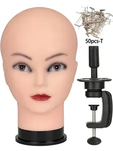 Professional Bald Training Mannequin Head for Makeup Practice, Wig Display, Hair Extension Holder, Hat Helmet Glasses Holder, Includes Free Clip Stand