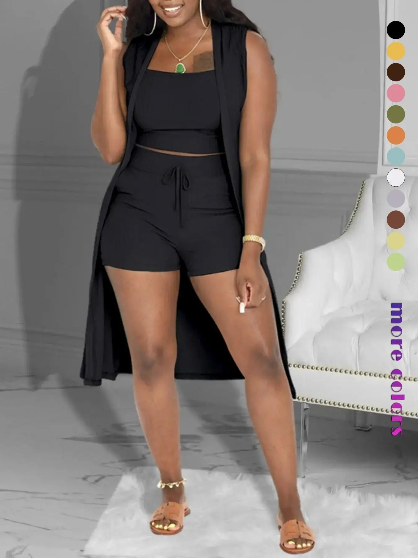 USBOUTIQUECHIC Women's Ombre 3-Piece Outfit Set Cropped Vest, High-Waist Shorts & Kimono Cover-Up, Summer Beach & Lounge Wear
