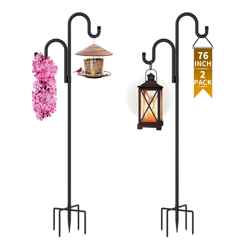 2-Pack Heavy-Duty Double Shepherds Hooks Outdoor Garden Poles - Height Adjustable (62in/76in/92in), 5-Prongs Secure Base, Bird Feeder Pole Squirrel Proof for Hanging Birdbaths, Candle Lanterns, Outdoor Wedding Decor