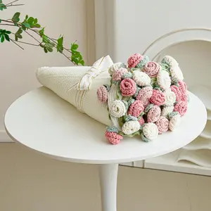 Crochet Flower Bouquet Throw Blanket Handmade Knitted Blanket with Rose Flowers Cute Romantic Gift for Her Girlfriend Mom Mother's Day Valentine Wedding Anniversary Birthday Pink and White