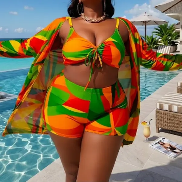 Women's Plus Size 3-Piece Abstract Leaf Print Bikini Set - Front Tie Top, Swim Shorts, Long Sleeve Mesh Cover-Up, Curve-Flattering Beach Vacation Swimwear