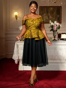 Large size Oversized two-piece set with embroidered irregular sleeves and a black mid-length woven mesh skirt with a cinched waist for women. Dresses Womenswear