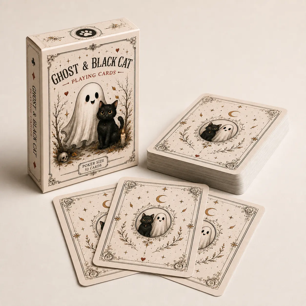 Ghost & Black Cat Playing Cards, Cute Spooky Halloween Art Poker Deck & Kawaii Gift