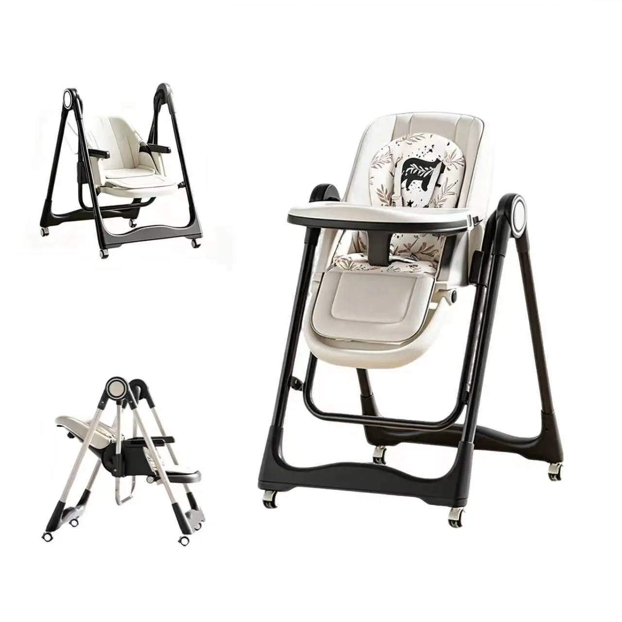 4-in-1 Convertible Baby High Chair, Multifunctional Infant Dining Chair with Multi-Gear Adjustable Backrest, Footrest & Tray, Smart Early Education Touch Control Baby Feeding Chair for Toddlers wheel lock