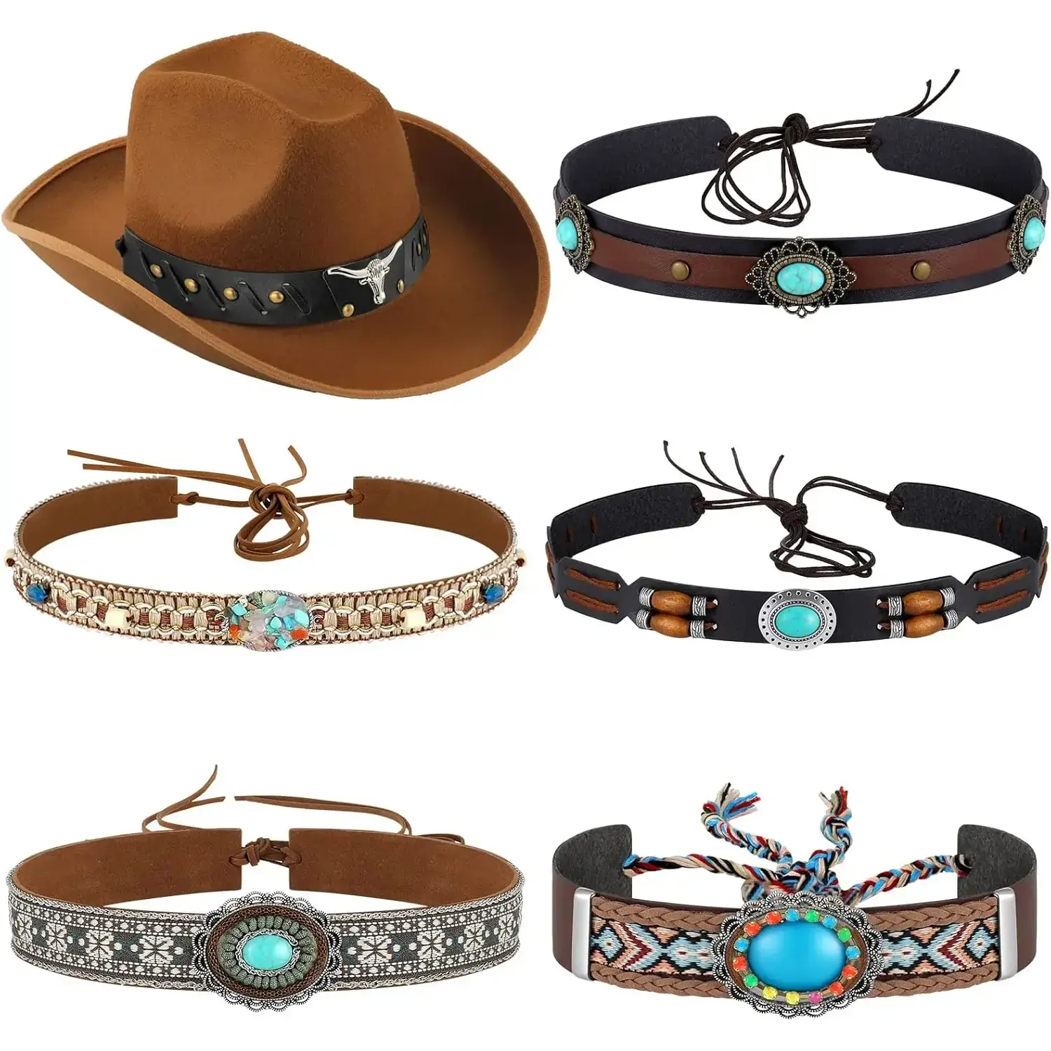 6 Pcs Reusable Sturdy Mexican Turquoise Hat Band Replacements - Western Style Ethnic Cowboy Hat Accessories with Belts, Beaded Rope, Alloy Metal, Hair Bands for Clothing Accessories, Faux Leather, Rodeo Outfit Inspo, Straw Cowboy Hats