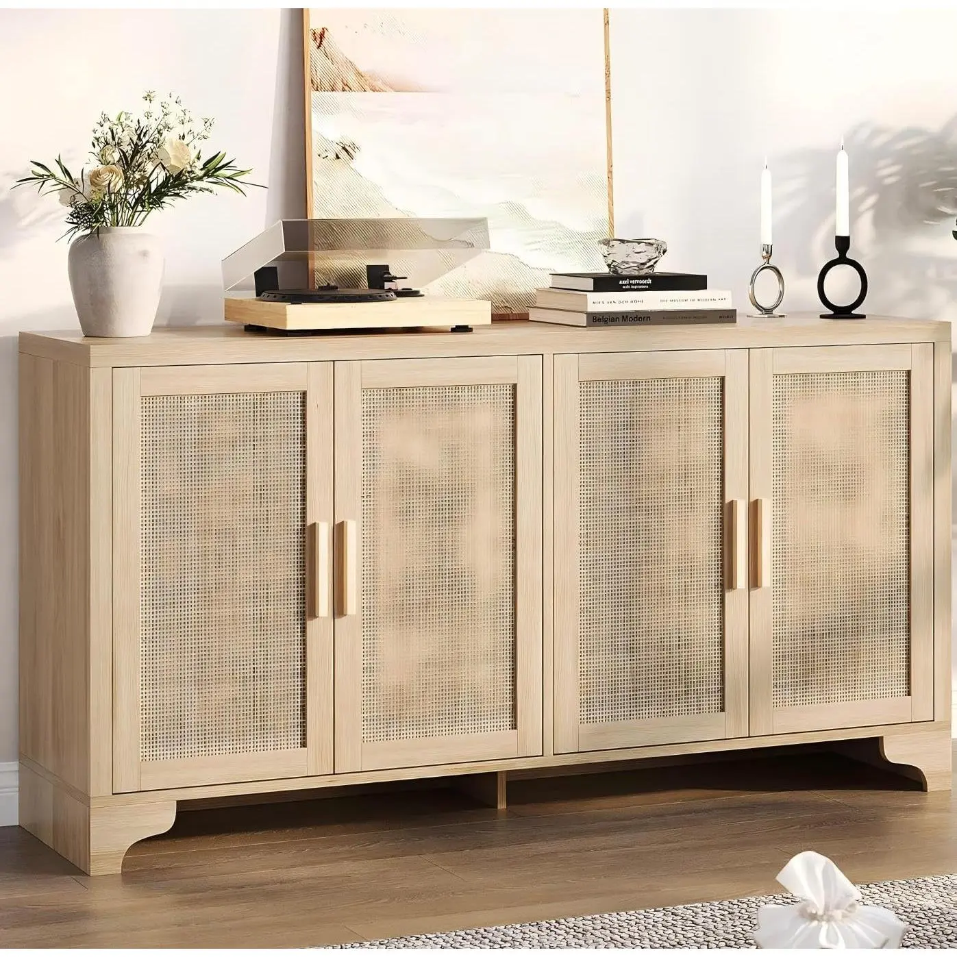 YJ-Garvee and Garvee 62" Rattan Sideboard Buffet Cabinets with 4-Door Storage, Adjustable Shelves, and Modern Farmhouse Design for Kitchen, Living Room, Entryway in Natural, White, and Black finishes