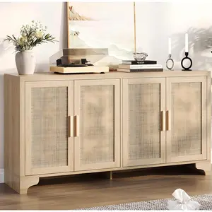 YJ-Garvee and Garvee 62" Rattan Sideboard Buffet Cabinets with 4-Door Storage, Adjustable Shelves, and Modern Farmhouse Design for Kitchen, Living Room, Entryway in Natural, White, and Black finishes