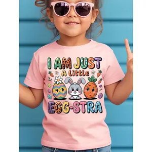 Easter  Girl I AM JUST A LITTLE EGG-STRA Novel And Stylish Colorful Letter Animal Print Creative Casual Spring Summer Round Neck Short Sleeve T-Shirt