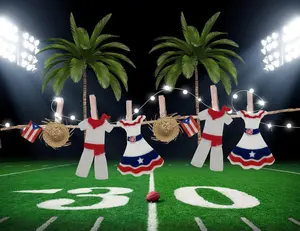 Jibaro Puerto Rican Theme Patriotic Clothes Line Garland Red White Blue Felt Fabric Dresses Outfit Mini Pavita Hats 3ft Decorative String with Wooden Clips Football Party Decor