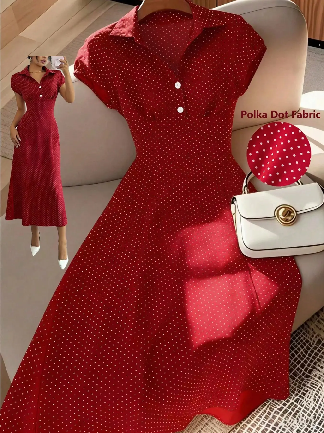 Women French Retro Polka Dot V Neck A Line Long Dress, Spring Summer Slimming Short Sleeve Dress for Commute Date, Casual Wear, Brunch Dress, Vintage Girly Clothes