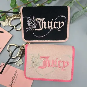 Juicy Couture Women's Wallet card case ID and Keychain,Embroidered logo on terry fabric. Black/light pink and pink lemonade.