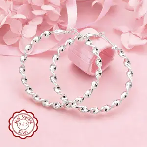 925 Sterling Silver Earrings Hoops for Women Ladies Simple Lightweight Twisted Large circle 5CM Hoop Earrings , Suitable For Women, Elegant Large Circle Design,Hypoallergenic Jewelry for Her