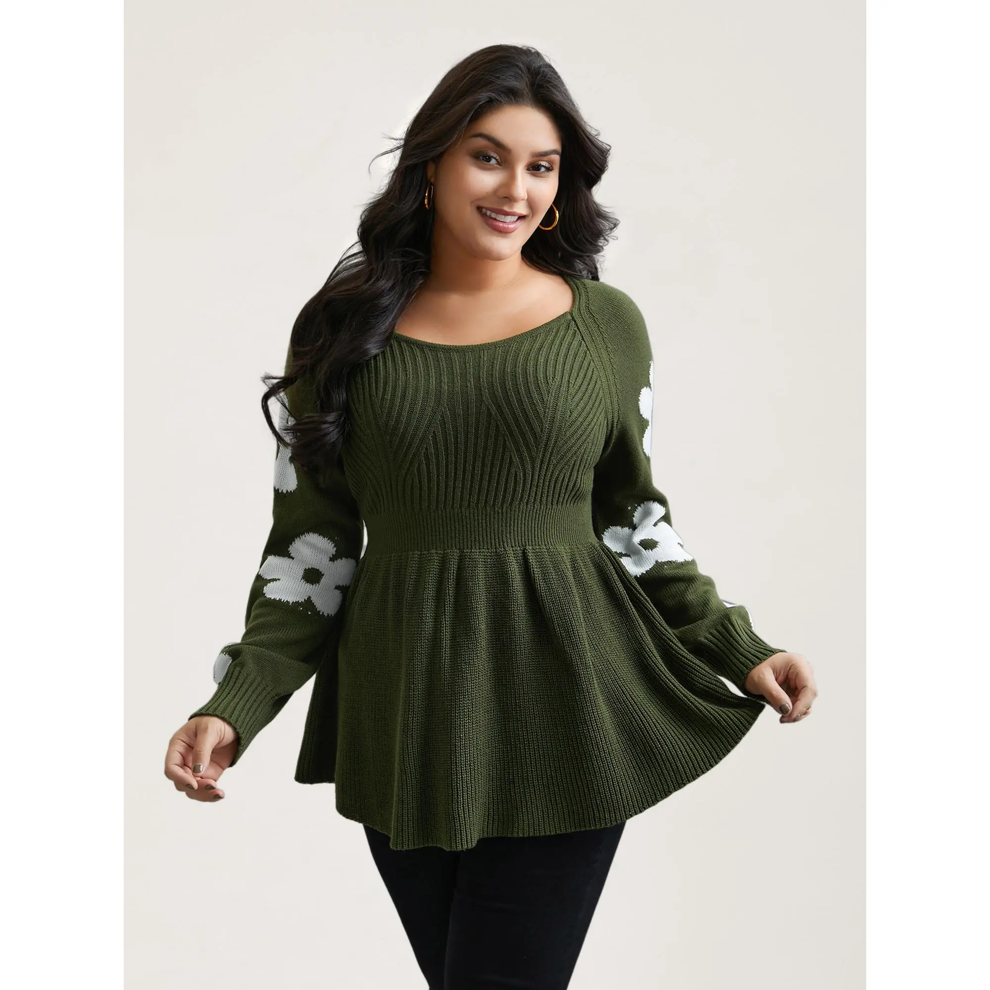 BloomChic Plus Size Floral Print Sweater, Casual Army Green Cable-Knit Top with Sweetheart Neck, Fitted Long Raglan Sleeve in Soft Acrylic, Knitwear