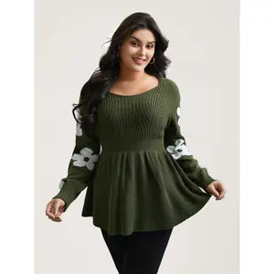 BloomChic Women's Plus Size Floral Cable Knit Sweater, Fitted Bodycon Top with Heart Neckline and Long Sleeves