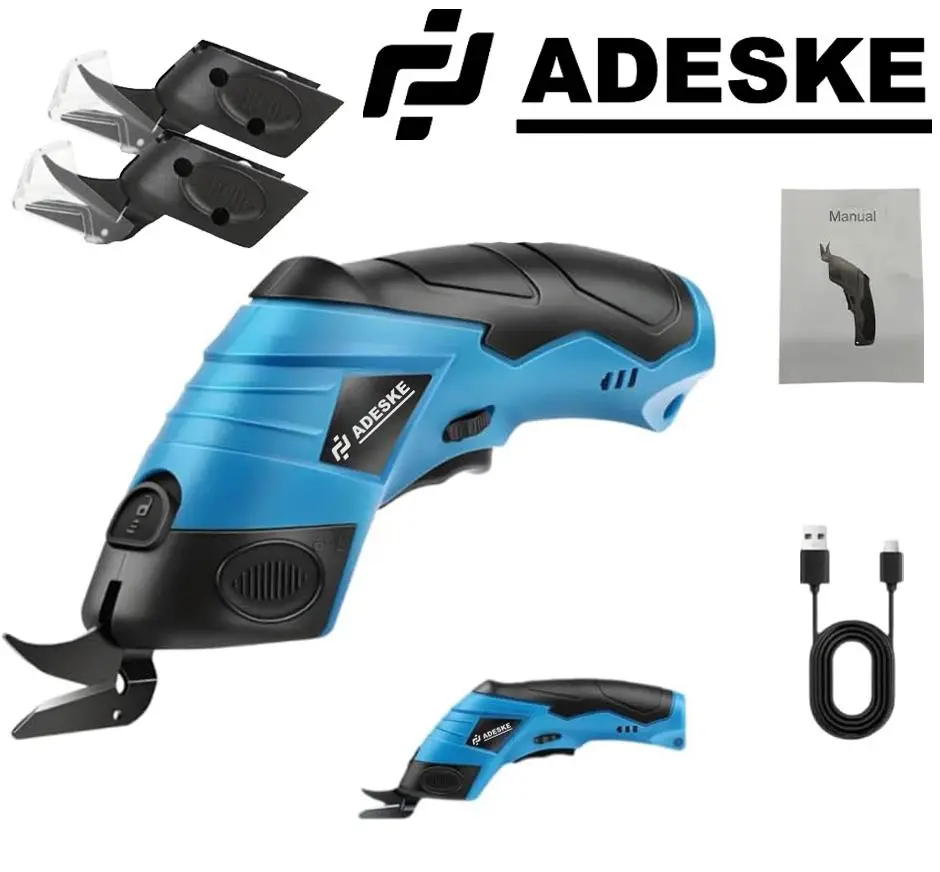 ADESKE 3.7V Cordless Electric Cutting Tool Scissors, Rechargeable Dual Blade Cardboard Cutter with Battery Display, Easy Blade Replacement for Thin Cardboard, Carpet