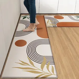 Kitchen Mats for Floor 2 count, Anti  Mat Set, Boho Cushioned Non Slip  Kitchen Rugs, Wipe Clean PVC Leather Runner for Sink, Laundry, Office, Kitchen Decor 17"x47"+17"x29", Brown