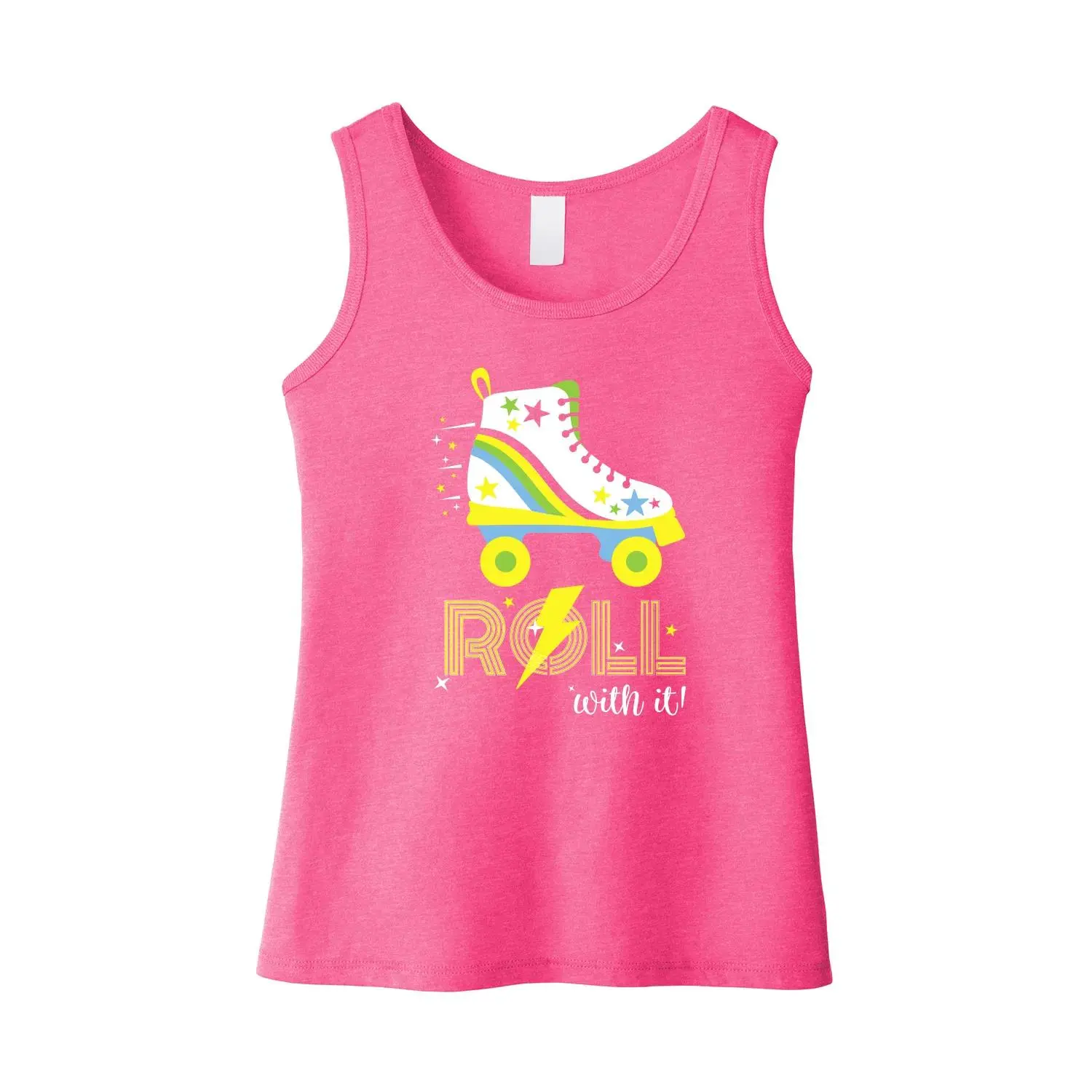 Girls' Regular Casual Graphic Rainbow Skate Print Tank Top - 50% Polyester Cotton-Poly Blend, Pre-Printed Slogan, 1x1 Rib at Neck & Armholes, Short Top with Tear-Away Label, Summer Birthday Outfits (Sizes 14-16)