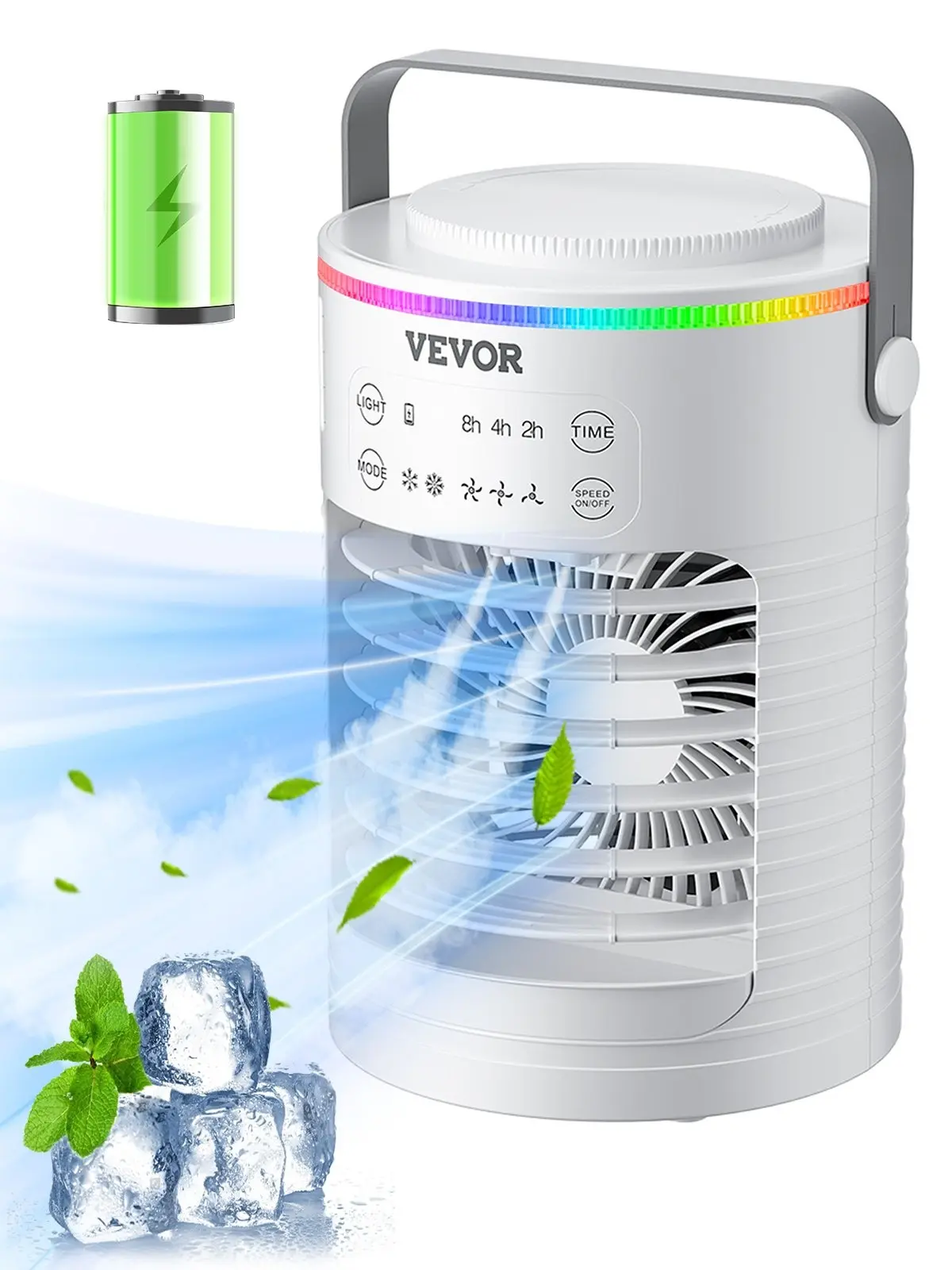 Portable Air Conditioner, 4-in-1 Evaporative Air Cooler, 3-Speed Mini Air Conditioner with Smart Timer, 600ml Water Tank, 7-Color Light, Personal Mini Desk AC Fan for Bedroom Office Room