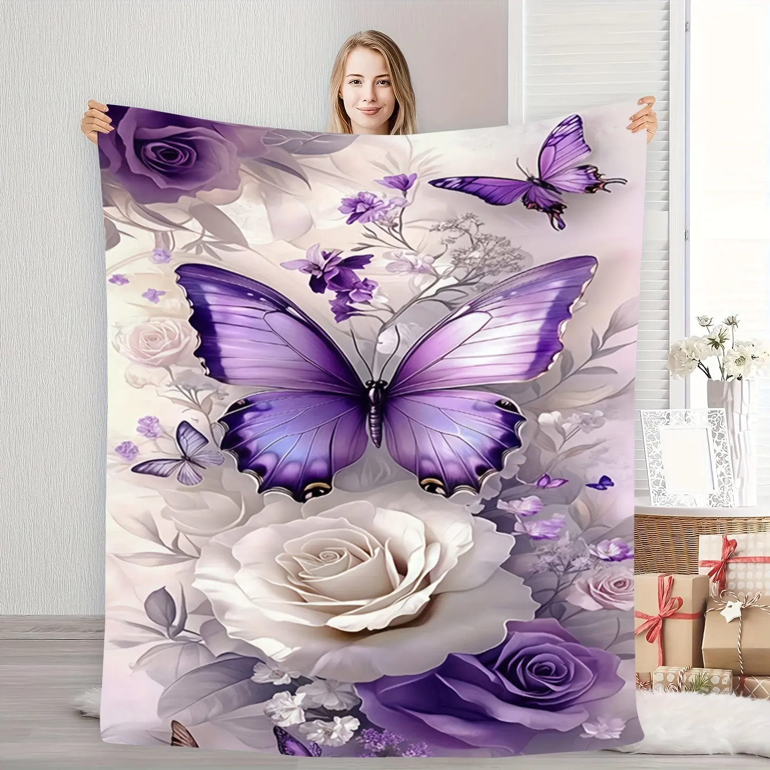Purple Butterfly & Rose Flannel Blanket - Breathable Lightweight, Comfortable Breathable, Butterfly Print, Colorful, Decorated Blanket - Soft, Warm, Ideal Holiday Gift for Family, Breathable Lightweight Blankets, Butterfly Print Blankets
