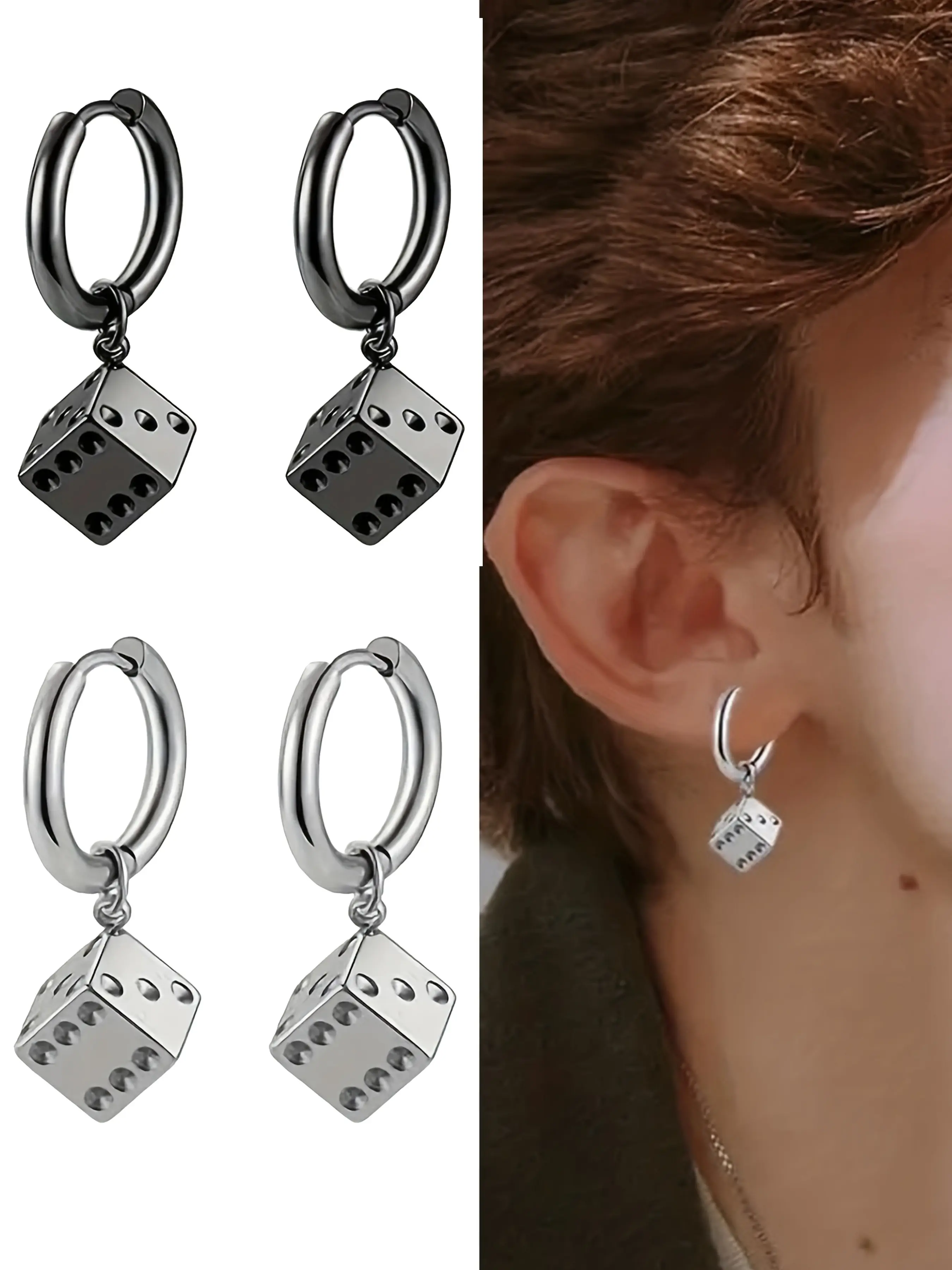 Punk Round Earrings Set, Stainless Steel, Industrial Piercing Jewelry, Polygonal Dice Design, Unisex Accessory, Punk Style Earrings