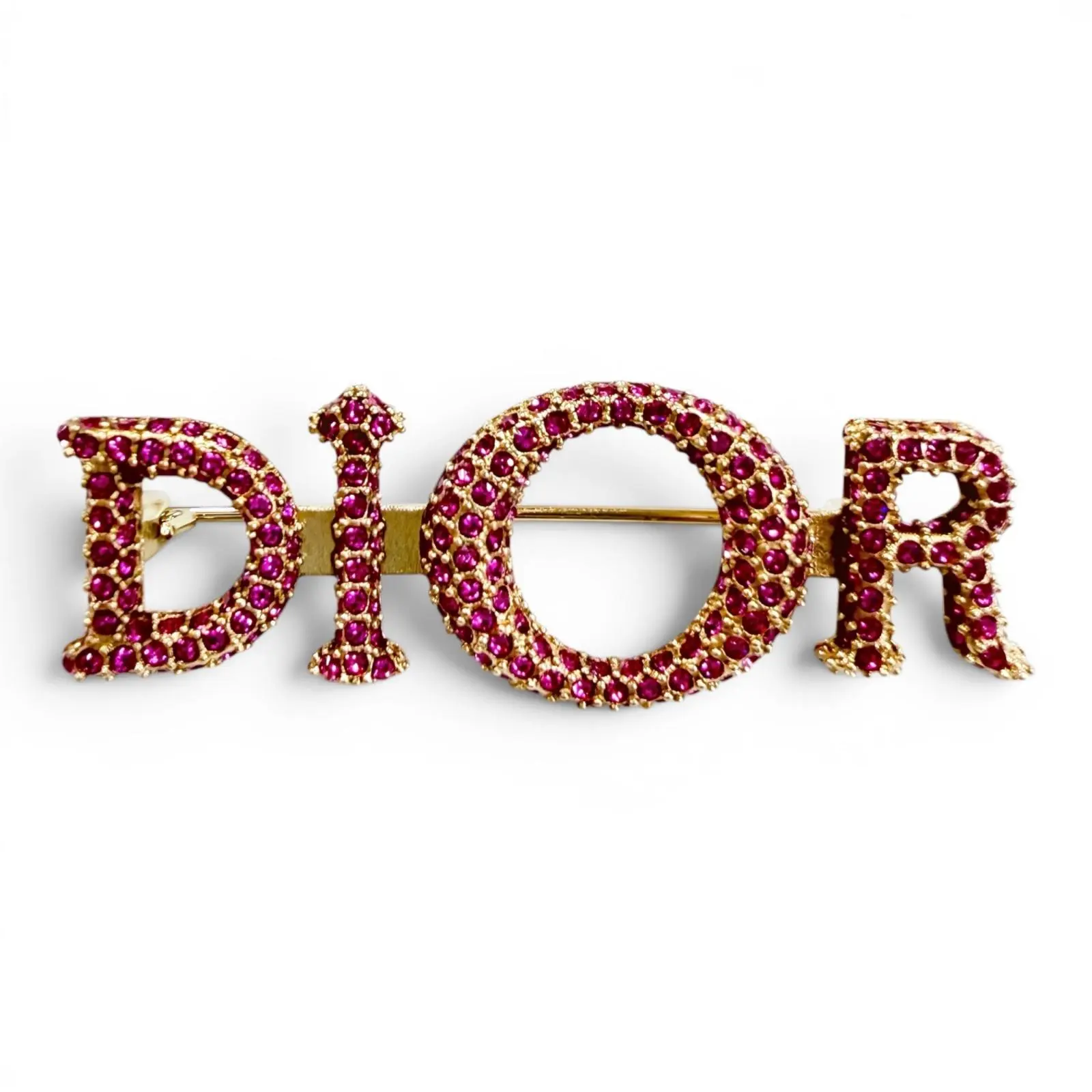 Pre-owned Dior Gold-plated Small Leather Goods Logo Rhinestone Brooch