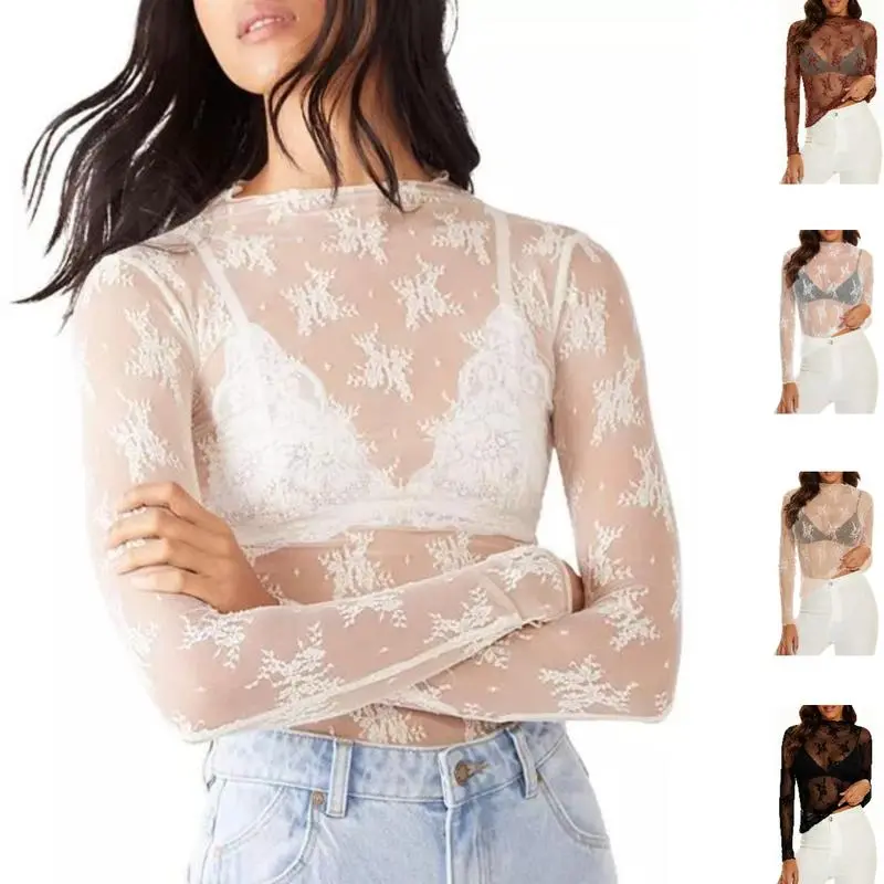 Women's Korean Basic Lace Blouse Shirts - 2 or 3-Piece Minimalist Casual Long Sleeve Sheer Basic Tops (Random Colors), Basic Top
