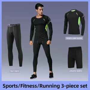 Men's Long Sleeve Compression Tee & Leggings & Reflective Shorts Tracksuit Set, Breathable Quick Drying Sportswear Set for Running Basketball Hiking Training Athletic Fashion Activewear Sweatsuit Sets
