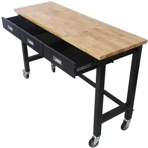 Hardware 60in Work Bench, Workbench with Drawer Storage, Heavy Duty Bamboo Wood Work Table with Wheels for Garage Home Office