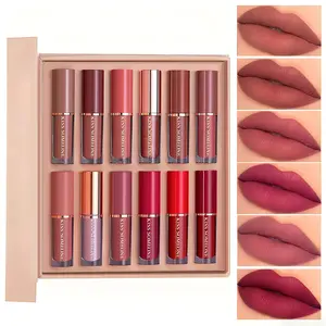 12-Piece Lipstick Set. Long-lasting waterproof formula, non-transfer. Suitable for all skin types. Matte liquid lipsticks infused with plant-derived squalane. Diverse shades including a range of pinks and reds.