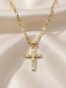 18K Gold Plated Jesus Crucifix Pendant Necklace, Copper Figaro Chain  Cubic Zirconia Inlaid Cross Necklace  Catholic Religious Jewelry