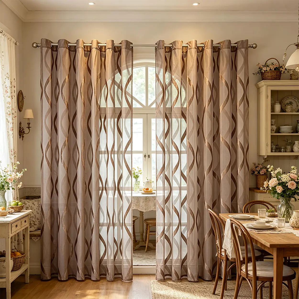 2Panel Vintage Jacquard Sheer Curtains with Ring Top Hanging, Breathable and Light-Transmitting, Suitable for Bedrooms, Living Rooms, Balconies, Offices, and Home Decor.