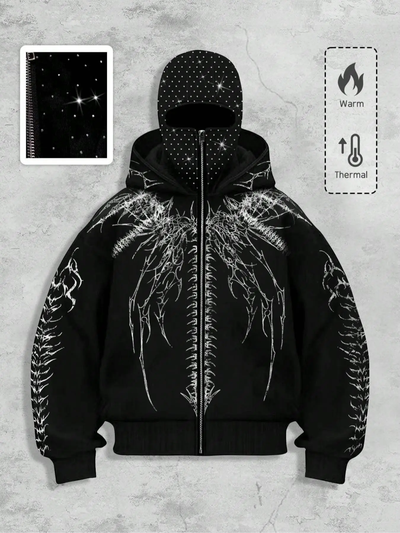 Gothic men's streetwear hoodie with rhinestone decorations, windproof hat, Casual, Fashion, Menswear, men's outerwear, zip-up sweatshirt, hooded sweatshirt, autumn/winter fleece hoodie, trendy streetwear jacket, Zipper, Street Style