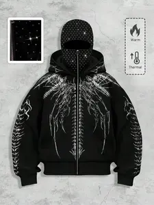 Gothic men's streetwear hoodie with rhinestone decorations, windproof hat. Two hat jackets, men's outerwear, zip-up sweatshirt, hooded sweatshirt, autumn/winter fleece hoodie, trendy streetwear jacket, Street Style