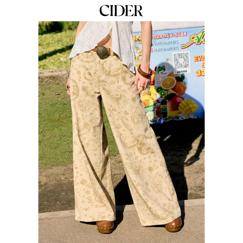 Cider Cider Denim Floral Low Rise Wide Leg Jeans