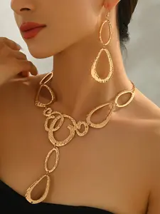 Middle Eastern Women's Iron Jewelry Set, Elegant Jewelry Set, Fashionable Geometric Hollow Irregular Design, Drop Shape Y Necklace & Earring Set, Accessory Set, Perfect for Holidays and Gifting