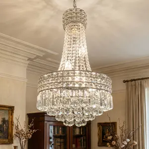 Modern Round Crystal Chandelier, 16.5-Inch E12 Dimmable Silver Crystal Chandelier for Dining Room/Corridor/Living Room