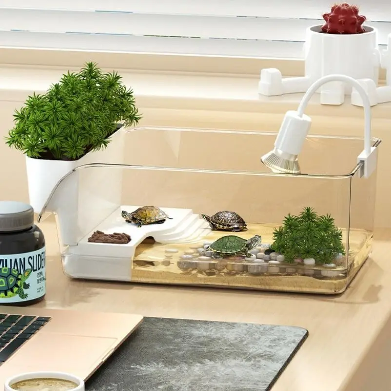 Desktop Eco Tank with Sun Deck and Planting Area, Transparent Acrylic Turtle Tank, Reptile Tank, Dual Purpose for Small Turtles, Environmental Friendly